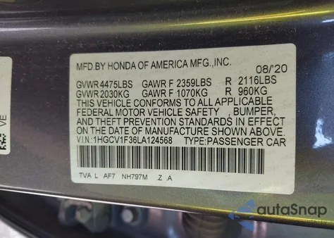 2020 Honda Accord Sport z USA, uszkodzony, nr VIN 1HGCV1F36LA124568